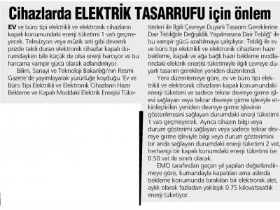 CİHAZLARDA ELEKTRİK TASARRUFU İÇİN ÖNLEM (YURT GAZETESİ)