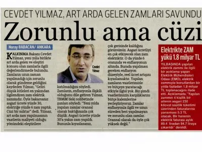 ELEKTRİKTE ZAM YÜKÜ 1.8 MİLYAR TL  (HÜRRİYET)