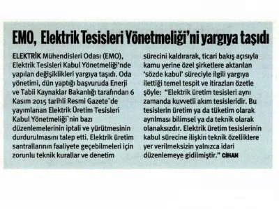EMO, ELEKTRİK TESİSLERİ YÖNETMELİĞİ`Nİ YARGIYA TAŞIDI (TARAF)