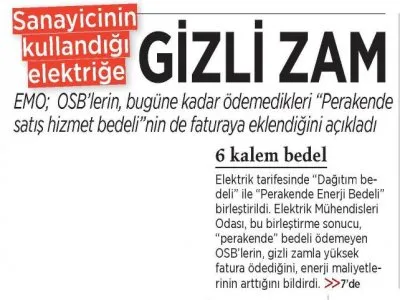 SANAYİCİNİN KULLANDIĞI ELEKTRİĞE GİZLİ ZAM (MİLLİYET EGE)