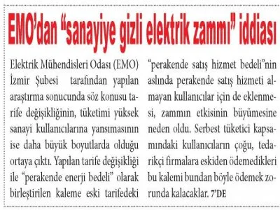 EMO`DAN `SANAYİYE GİZLİ ELEKTRİK ZAMMI` İDDİASI (YENİ EKONOMİ)