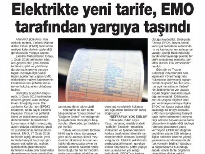 ELEKTRİKTE YENİ TARİFE EMO TARAFINDAN YARGIYA TAŞINDI (24 SAAT)