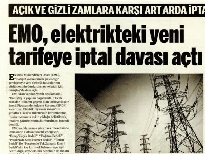 EMO ELEKTRİKTEKİ YENİ TARİFEYE İPTAL DAVASI AÇTI (TARAF)