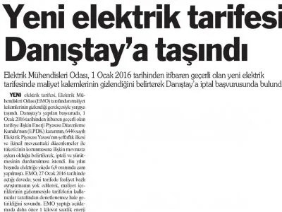 YENİ ELEKTRİK TARİFESİ DANIŞTAY`A TAŞINDI (TÜRKİYE`DE YENİ ÇAĞ)
