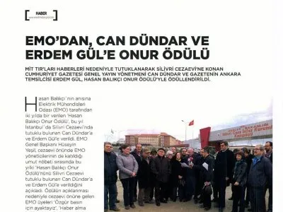 EMO`DAN, CAN DÜNDAR VE ERDEM GÜL`E ONUR ÖDÜLÜ (KAYNAK ELEKTRİK)