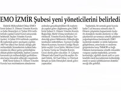 EMO İZMİR ŞUBESİ YENİ YÖNETİCİLERİNİ BELİRLEDİ (YENİ GÜN)