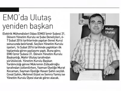 EMO`DA ULUTAS YENİDEN BAŞKAN (EGE TELGRAF)