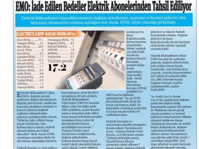 EMO: İADE EDİLEN BEDELLER ELEKTRİK ABONELERİNDEN TAHSİL EDİLİYOR (EKONOMİ)