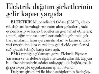 ELEKTRİK DAĞITIM ŞİRKETLERİNİN GELİR KAPISI YARGIDA (GÜNLÜK EVRENSEL)