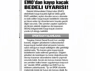 EMO DAN KAYIP KAÇAK BEDELİ UYARISI (KOCAELİ)