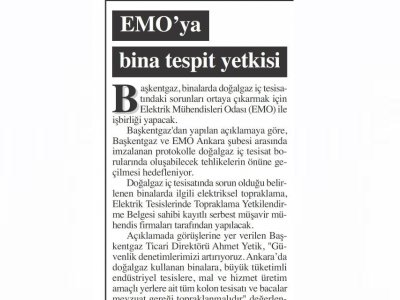EMO`YA BİNA TESPİT YETKİSİ (BAŞKENT GAZETESİ, 02.04.2016)