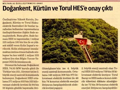 DOĞANKENT, KÜRTÜN VE TORUL HES`E ONAY ÇIKTI (DÜNYA)