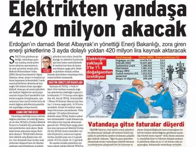 ELEKTRİKTEN YANDAŞA 420 MİLYON AKACAK (SÖZCÜ)