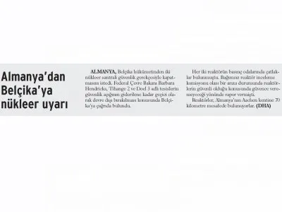 ALMANYA`DAN BELÇİKA`YA NÜKLEER UYARI (GÜNLÜK EVRENSEL)