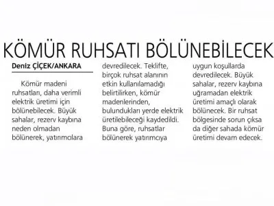 KÖMÜR RUHSATI BÖLÜNEBİLECEK (HABERTÜRK)