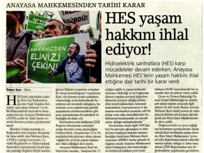 AYM`DEN TARİHİ KARAR: HES YAŞAM HAKKINI İHLAL EDİYOR! (BİRGÜN)