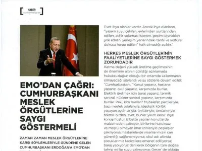 EMO`DAN ÇAĞRI: CUMHURBAŞKANI MESLEK ÖRGÜTLERİNE SAYGI GÖSTERMELİ (KAYNAK ELEKTRİK)