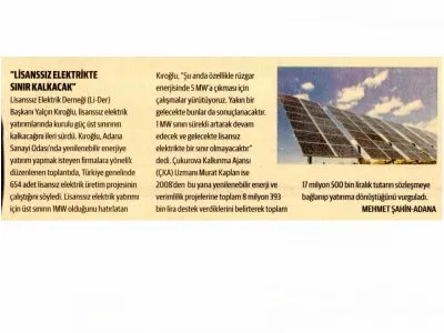 `LİSANSSIZ ELEKTRİKTE SINIR KALKACAK` (DÜNYA)