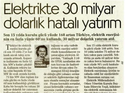 ELEKTRİKTE 30 MİLYAR DOLARLIK HATALI YATIRIM  (CUMHURİYET)