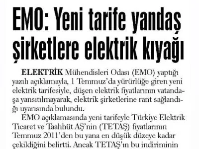 EMO: YENİ TARİFE YANDAŞ ŞİRKETLERE ELEKTRİK KIYAGI (GÜNLÜK EVRENSEL)