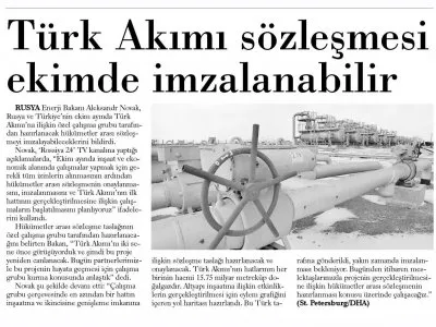 TÜRK AKIMI SÖZLEŞMESİ EKİMDE İMZALANABİLİR (GÜNLÜK EVRENSEL)