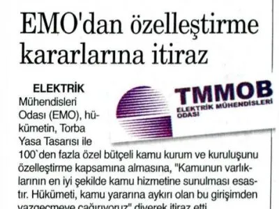 EMO`DAN ÖZELLEŞTİRME KARARLARINA İTİRAZ (9 EYLÜL İZMİR)