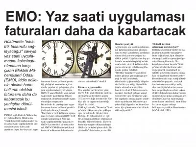 EMO: YAZ SAATİ UYGULAMASI FATURALARI DAHA DA KABARTACAK (İPEKYOLU HABER)