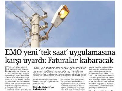 EMO YENİ `TEK SAAT` UYGULAMASINA KARŞI UYARDI FATURALAR KABARACAK (BİRGÜN)