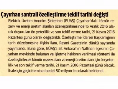 ÇAYIRDAN SANTRALİ ÖZELLEŞTİRME TEKLİF TARİHİ DEĞİŞTİ (DÜNYA)
