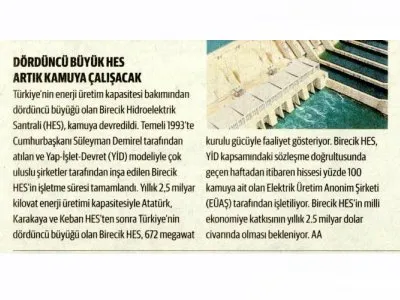 DÖRDÜNCÜ BÜYÜK HES ARTIK KAMUYA ÇALIŞACAK (DÜNYA)