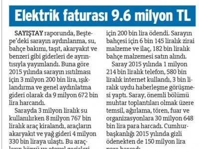 ELEKTRİK FATURASI 9.6 MİLYON TL (SÖZCÜ)
