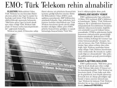 EMO: TÜRK TELEKOM REHİN ALINABİLİR (GÜNLÜK EVRENSEL)