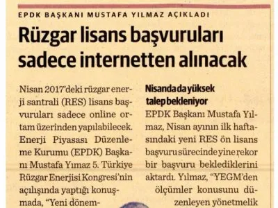 EPDK BAŞKANI MUSTAFA YILMAZ AÇIKLADI RÜZGAR LİSANS BAŞVURULARI SADECE İNTERNETTEN ALINACAK (DÜNYA)