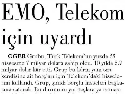 EMO, TELEKOM İÇİN UYARDI (GÜNLÜK EVRENSEL)