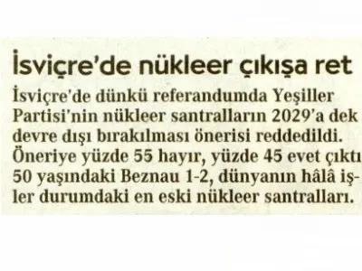 İSVİÇRE`DE NÜKLEER ÇIKIŞA RET (CUMHURİYET)