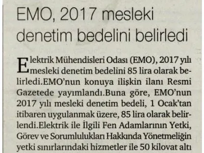 EMO, 2017 MESLEKİ DENETİM BEDELİNİ BELİRLEDİ (HÜRSES)
