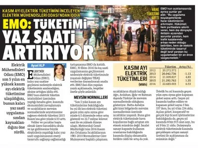 EMO: TÜKETİMİ YAZ SAATİ ARTIRIYOR (HÜRRİYET)