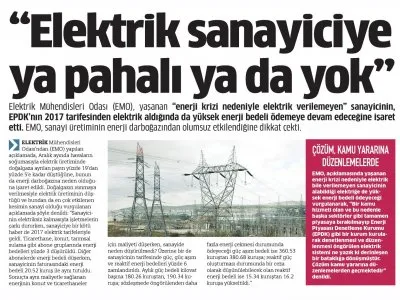 `ELEKTRİK SANAYİCİYE YA PAHALI YA DA YOK` (MİLLİ GAZETE)