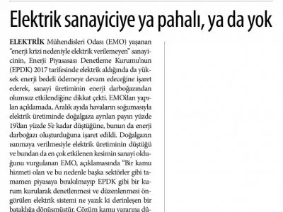 ELEKTRİK SANAYİCİYE YA PAHALI, YA DA YOK (YENİ ASYA)