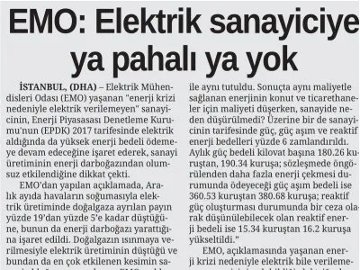 EMO: ELEKTRİK SANAYİCİYE YA PAHALI YA YOK (SONSÖZ)
