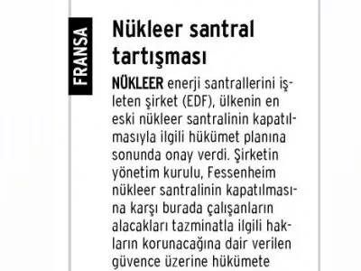 FRANSA`DA NÜKLEER SANTRAL TARTIŞMASI (GÜNLÜK EVRENSEL)