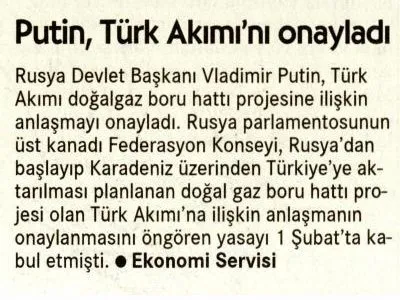 PUTİN, TÜRK AKIMI`NI ONAYLADI (CUMHURİYET)
