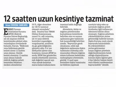 12 SAATTEN UZUN KESİNTİYE TAZMİNAT (HÜRRİYET)