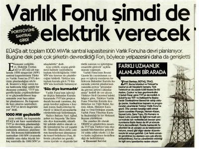 VARLIK FONU ŞİMDİ DE ELEKTRİK VERECEK (CUMHURİYET)