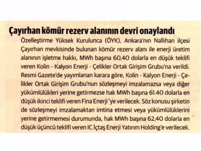 ÇAYIRHAN KÖMÜR REZERV ALANININ DEVRİ ONAYLANDI (DÜNYA)