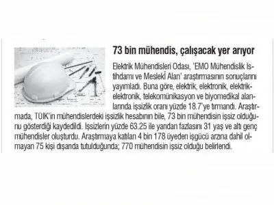 73 BİN MÜHENDİS, ÇALIŞACAK YER ARIYOR (TÜRKİYE`DE YENİ ÇAĞ)