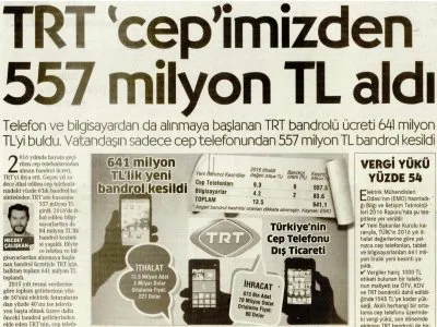 TRT `CEP`İMİZDEN 557 MİLYON TL ALDI - CUMHURİYET 20 NİSAN 2017