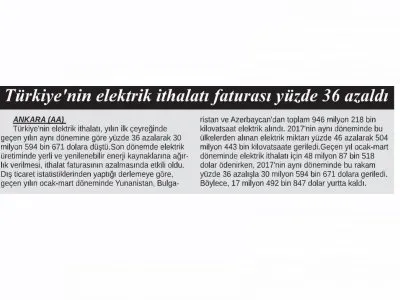TÜRKİYE`NİN ELEKTRİK İTHALATI FATURASI YÜZDE 36 AZALDI (24 SAAT)