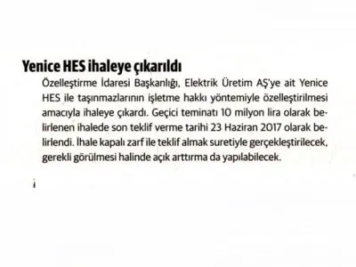 YENİCE HES İHALEYE ÇIKARILDI (DÜNYA)