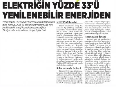 ELEKTRİĞİN YÜZDE 33’Ü YENİLENEBİLİR ENERJİDEN (MİLLİYET)